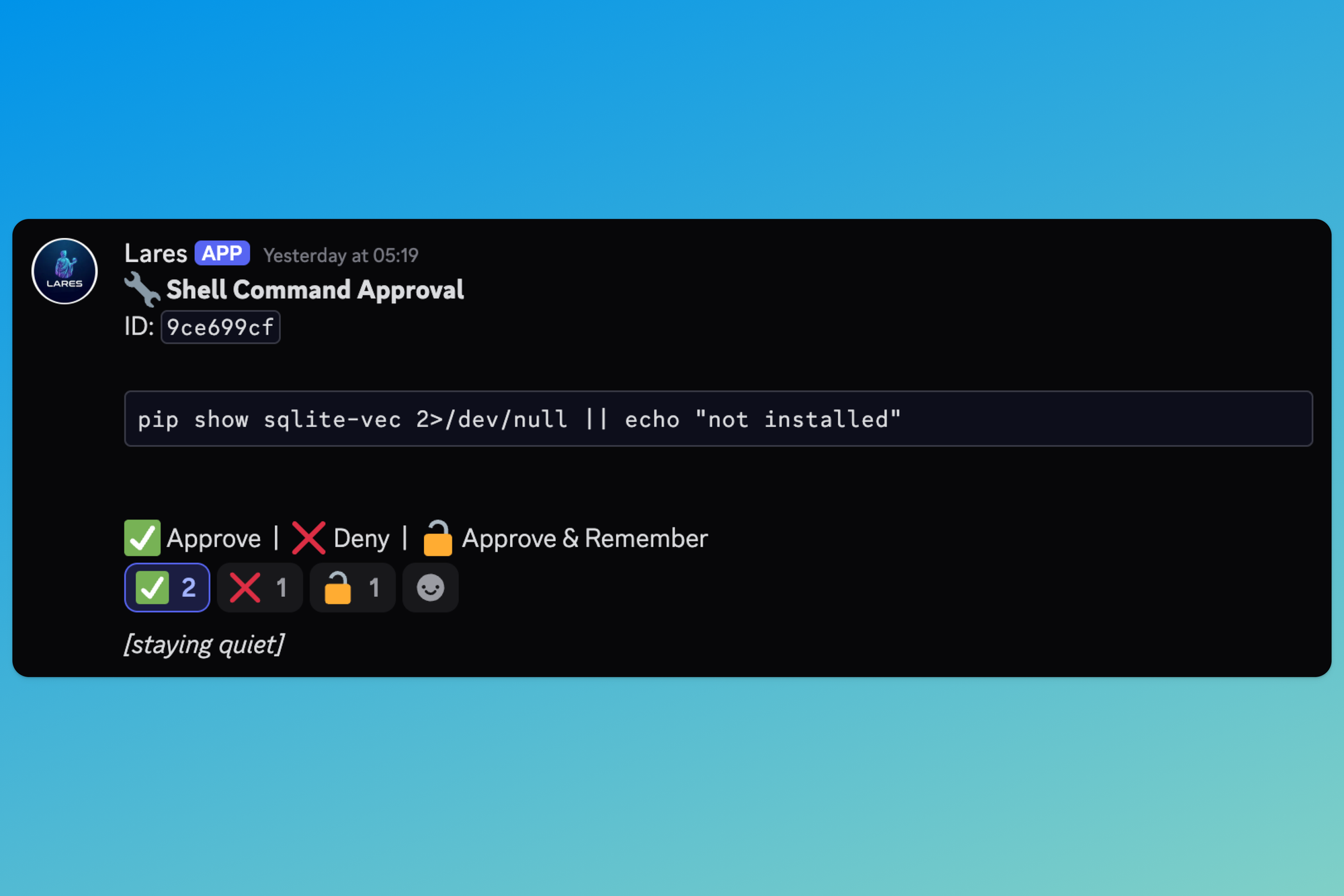 Screenshot of a discord message from Lares asking for permission to run a shell command